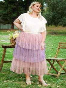 SHEIN CURVE+ Plus Dobby Mesh Overlay Layer Hem Skirt - Multicolor - View 5