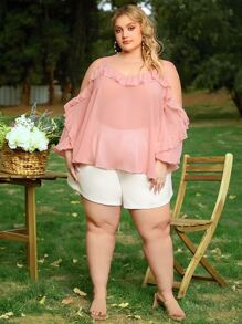 SHEIN CURVE+ Top de hombros descubiertos ribete con fruncido de manga farol - Rosa coral - Ver 7