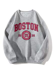 SHEIN EZwear Letter Graphic Thermal Lined Sweatshirt - Light Grey - View 1