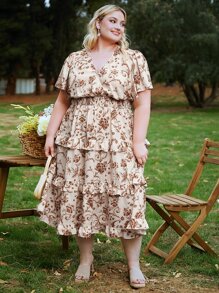 SHEIN CURVE+ Plus Allover Floral Print Butterfly Sleeve Ruffle Hem Dress - Apricot - View 3