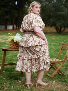 SHEIN CURVE+ Plus Allover Floral Print Butterfly Sleeve Ruffle Hem Dress - Apricot - View 4