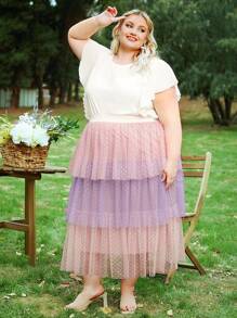 SHEIN CURVE+ Plus Dobby Mesh Overlay Layer Hem Skirt - Multicolor - View 7