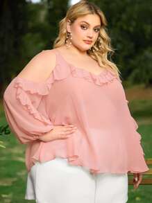 SHEIN CURVE+ Top de hombros descubiertos ribete con fruncido de manga farol - Rosa coral - Ver 9