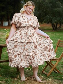 SHEIN CURVE+ Plus Allover Floral Print Butterfly Sleeve Ruffle Hem Dress - Apricot - View 5