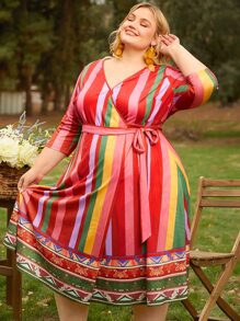 SHEIN CURVE+ Plus Striped Print Belted Wrap Dress - Multicolor - View 1