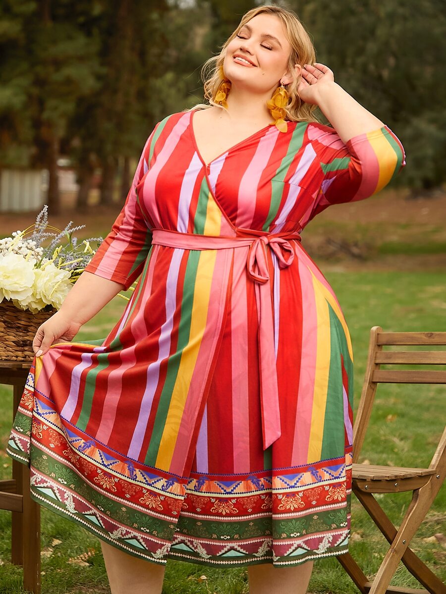 SHEIN CURVE+ Plus Striped Print Belted Wrap Dress - Multicolor - View 1