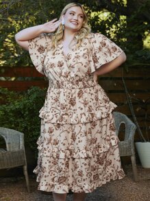 SHEIN CURVE+ Plus Allover Floral Print Butterfly Sleeve Ruffle Hem Dress - Apricot - View 2