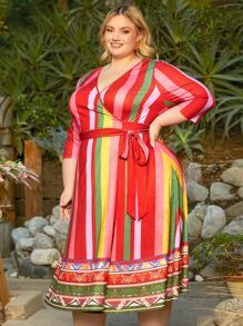 SHEIN CURVE+ Plus Striped Print Belted Wrap Dress - Multicolor - View 3