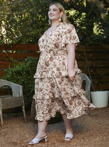 SHEIN CURVE+ Plus Allover Floral Print Butterfly Sleeve Ruffle Hem Dress - Apricot - View 6