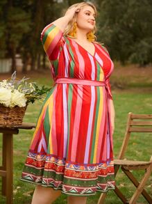SHEIN CURVE+ Plus Striped Print Belted Wrap Dress - Multicolor - View 2