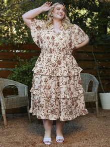 SHEIN CURVE+ Plus Allover Floral Print Butterfly Sleeve Ruffle Hem Dress - Apricot - View 1