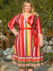 SHEIN CURVE+ Plus Striped Print Belted Wrap Dress - Multicolor - View 6