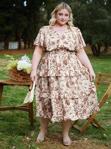 SHEIN CURVE+ Plus Allover Floral Print Butterfly Sleeve Ruffle Hem Dress - Apricot - View 7