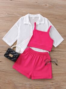 Top Corto Sólido Con Tirantes Cruzados Y Pantalones Cortos Y Blusa Con Hombros Caídos Para Niñas Jóvenes - Multicolor - Ver 1