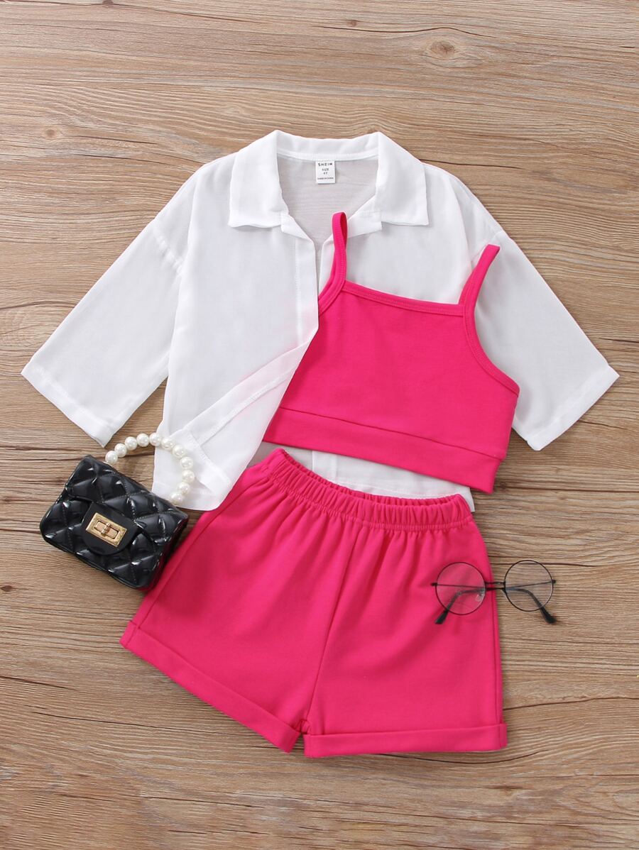 Top Corto Sólido Con Tirantes Cruzados Y Pantalones Cortos Y Blusa Con Hombros Caídos Para Niñas Jóvenes - Multicolor - Ver 1