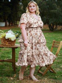 SHEIN CURVE+ Plus Allover Floral Print Butterfly Sleeve Ruffle Hem Dress - Apricot - View 8