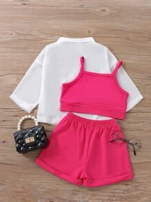 Top Corto Sólido Con Tirantes Cruzados Y Pantalones Cortos Y Blusa Con Hombros Caídos Para Niñas Jóvenes - Multicolor - Ver 2