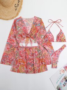 Swim Vcay Summer Beach Paisley Print Halter Triangle Bikini Set With Cover Up Set - Multicolor - View 6