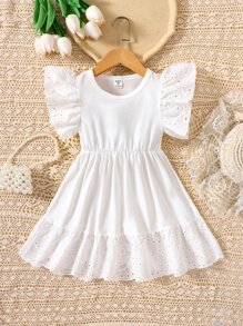 Niñas Vestido con bordado con ojal bajo con fruncido - Blanco - Ver 1