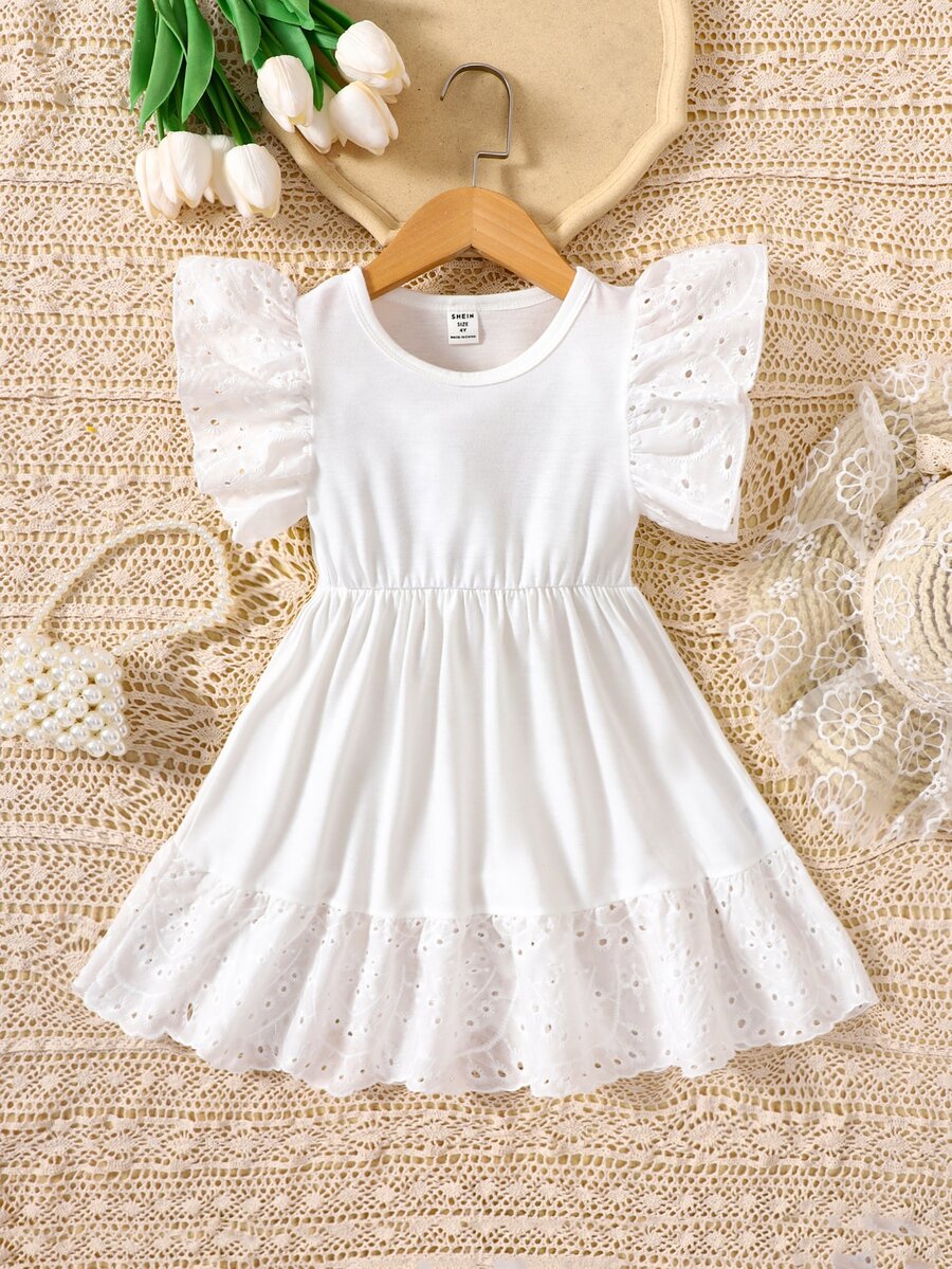 Niñas Vestido con bordado con ojal bajo con fruncido - Blanco - Ver 1