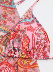 Swim Vcay Summer Beach Paisley Print Halter Triangle Bikini Set With Cover Up Set - Multicolor - View 7