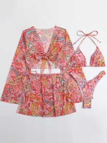 Swim Vcay Summer Beach Paisley Print Halter Triangle Bikini Set With Cover Up Set - Multicolor - View 2