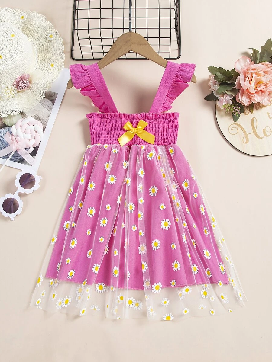 Toddler Girls Floral Bow Front Ruffle Trim Shirred Contrast Mesh Dress - Hot Pink - View 1