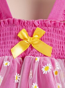 Toddler Girls Floral Bow Front Ruffle Trim Shirred Contrast Mesh Dress - Hot Pink - View 3