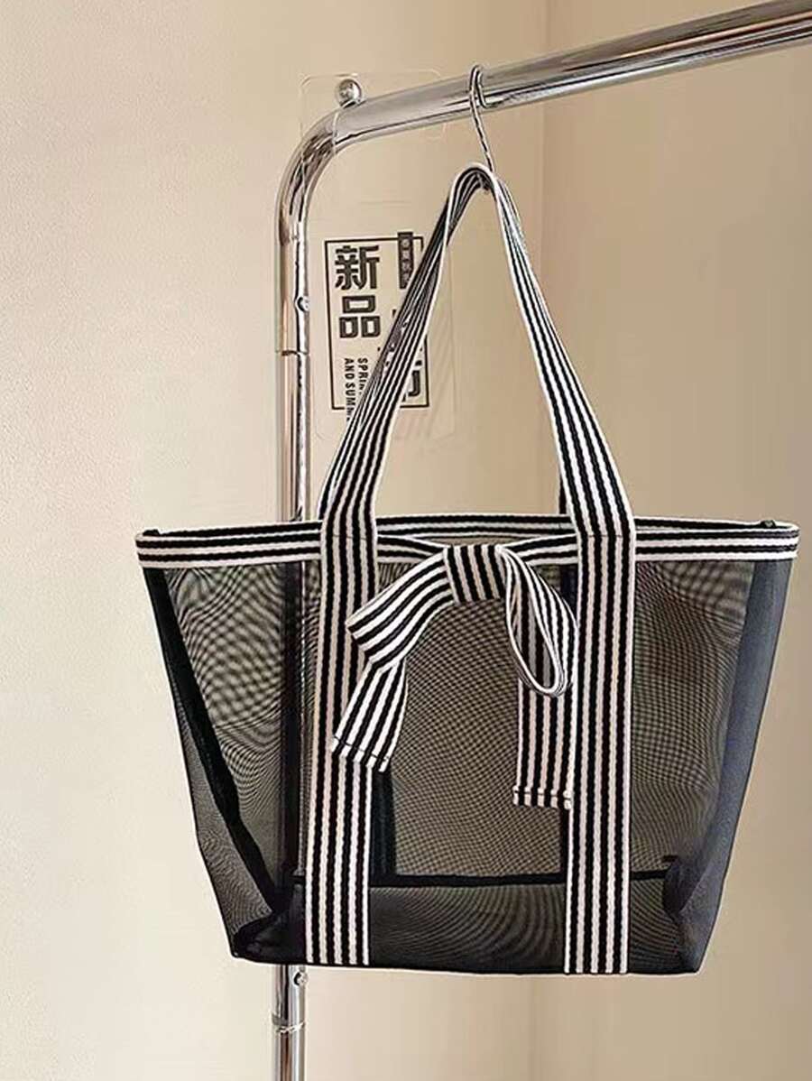 Túi trang trí nơ đi biển Túi tote lưới đơn giản thoải mái phù hợp với tất cả - Đen và trắng - Xem 1