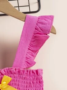 Toddler Girls Floral Bow Front Ruffle Trim Shirred Contrast Mesh Dress - Hot Pink - View 4