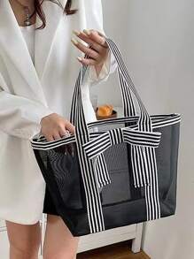 Túi trang trí nơ đi biển Túi tote lưới đơn giản thoải mái phù hợp với tất cả - Đen và trắng - Xem 3