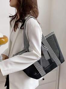 Túi trang trí nơ đi biển Túi tote lưới đơn giản thoải mái phù hợp với tất cả - Đen và trắng - Xem 2