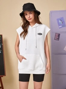 Manfinity 1pc Letter Patched Kangaroo Pocket Drawstring Hoodie - White - View 9