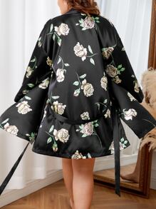 Bata con estampado floral de hombros caídos con cinturón de satén sin lencería - Negro - Ver 2