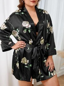Bata con estampado floral de hombros caídos con cinturón de satén sin lencería - Negro - Ver 3