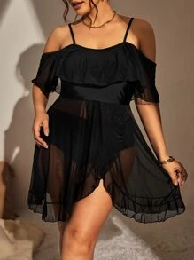 Tankini de cintura alta con hombros descubiertos y ribete de volantes, para la playa de verano, talla grande - Negro - Ver 1