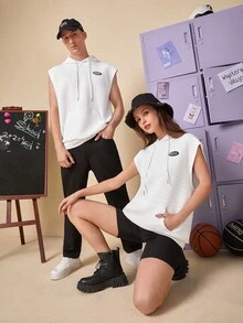 Manfinity 1pc Letter Patched Kangaroo Pocket Drawstring Hoodie - White - View 5