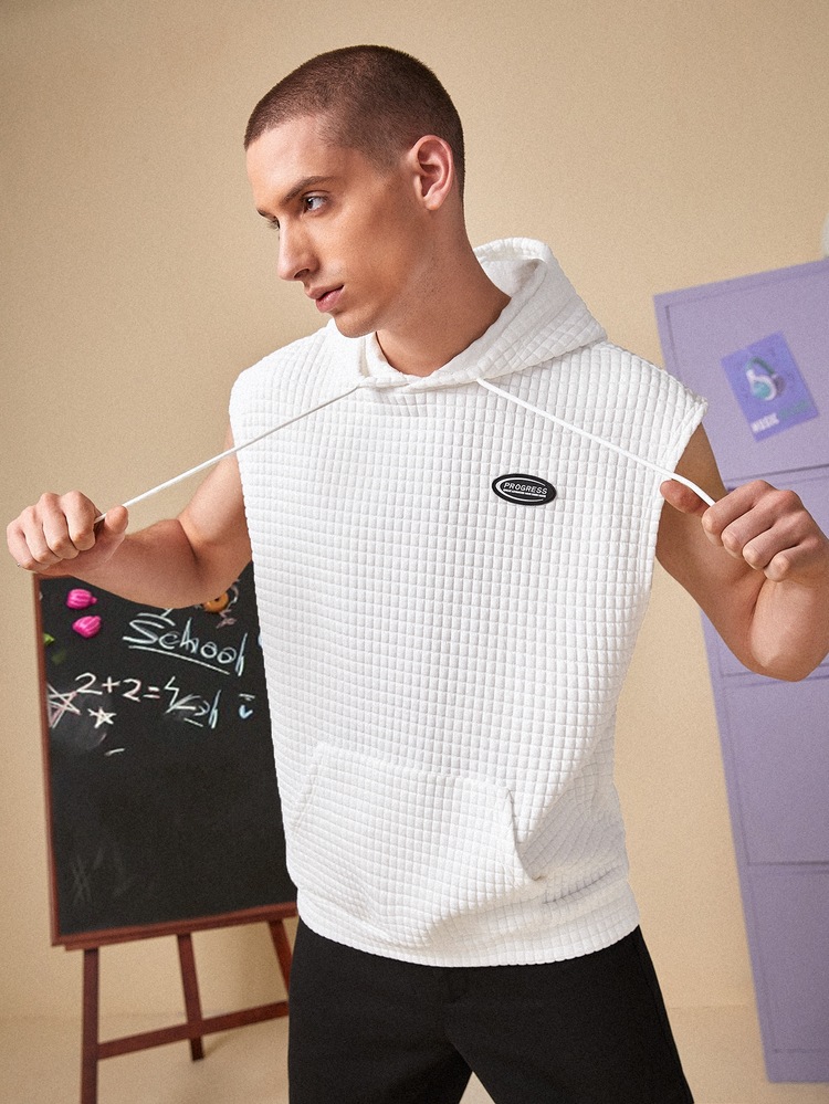 Manfinity 1 pieza Capucha con parche de letra con bolsillo de canguro con cordón - Blanco - Añade 7