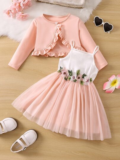 SHEIN Glamorique Kids Chica Joven ribete fruncido Cazadora & aplique con malla Vestido de tirantes