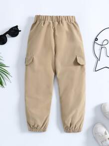 SHEIN 小男孩卡其色休閒字母印花哈倫褲工作服長褲夏秋季 - 卡其色 - 查看 2