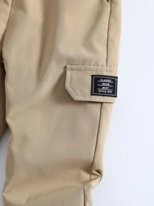 SHEIN 小男孩卡其色休閒字母印花哈倫褲工作服長褲夏秋季 - 卡其色 - 查看 3