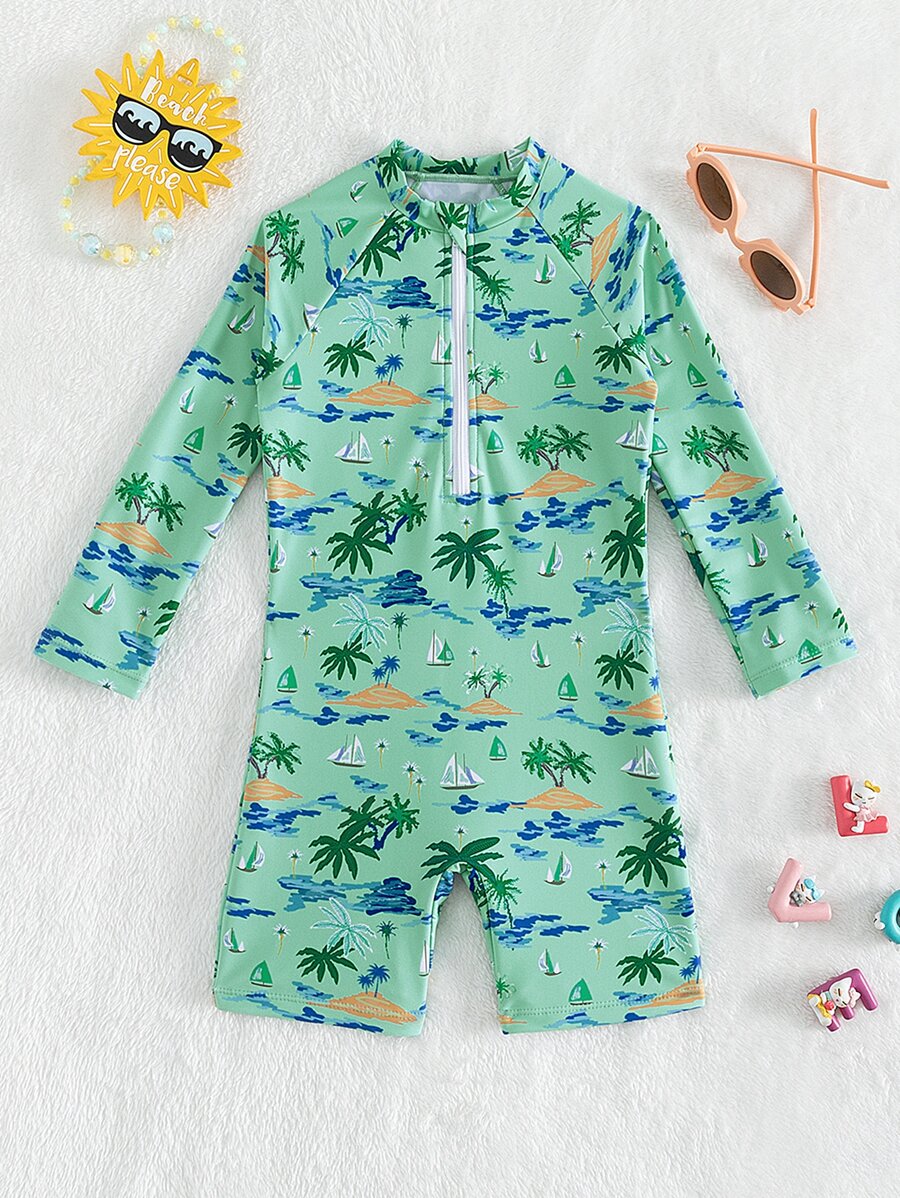 Young Boy Coconut Tree & Sailboat Print Raglan Sleeve One Piece Swimsuit - Mint Green - View 1