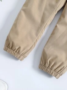 SHEIN 小男孩卡其色休閒字母印花哈倫褲工作服長褲夏秋季 - 卡其色 - 查看 5