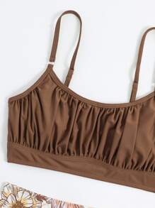 SHEIN Swim 花卉印花褶皺胸部夏季沙灘比基尼套裝 - 彩色 - 查看 3