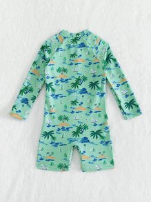 Young Boy Coconut Tree & Sailboat Print Raglan Sleeve One Piece Swimsuit - Mint Green - View 2