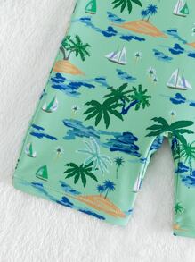 Young Boy Coconut Tree & Sailboat Print Raglan Sleeve One Piece Swimsuit - Mint Green - View 4