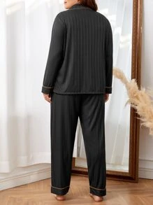 Plus Heart Print Contrast Piping Patched Pocket PJ Set - Black - View 2