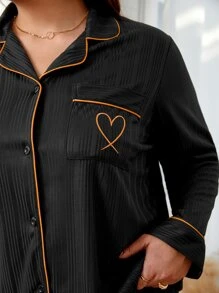 Plus Heart Print Contrast Piping Patched Pocket PJ Set - Black - View 5