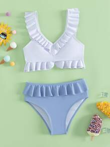 Conjunto de bikini con volantes de dos tonos para niña preadolescente para playa de verano - Azul y blanco - Ver 1
