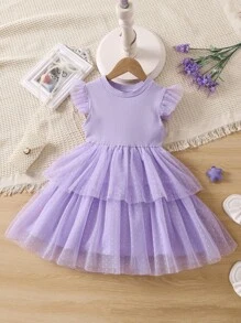 Young Girl Purple Sheer Mesh Round Neckline And Ruffle Sleeves Dress, Summer - Purple - View 1